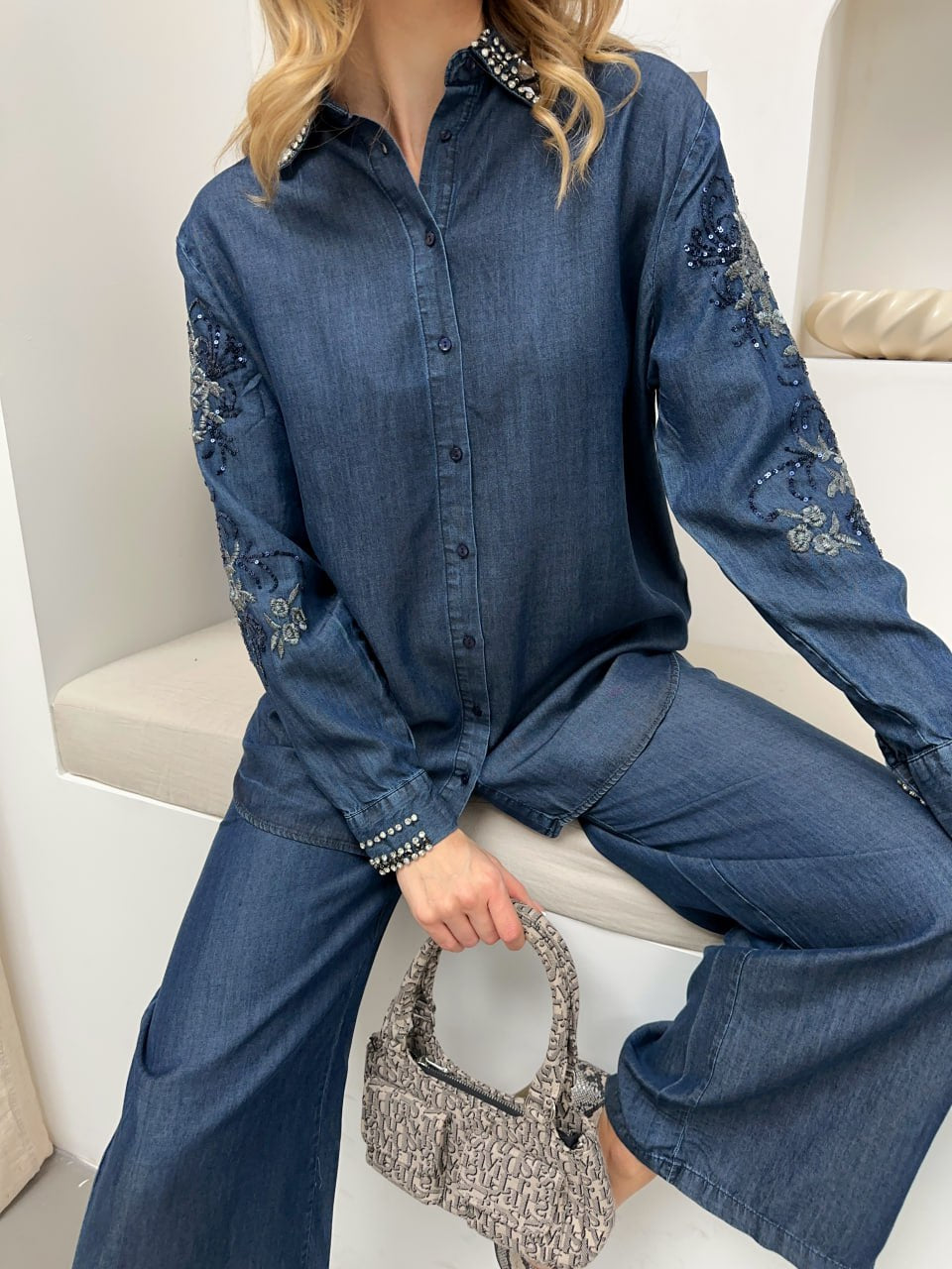 The Celeste Embellished Dark Denim Set
