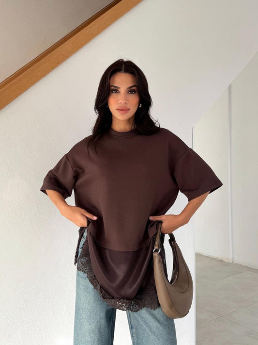 Lace Edge Tee Brown