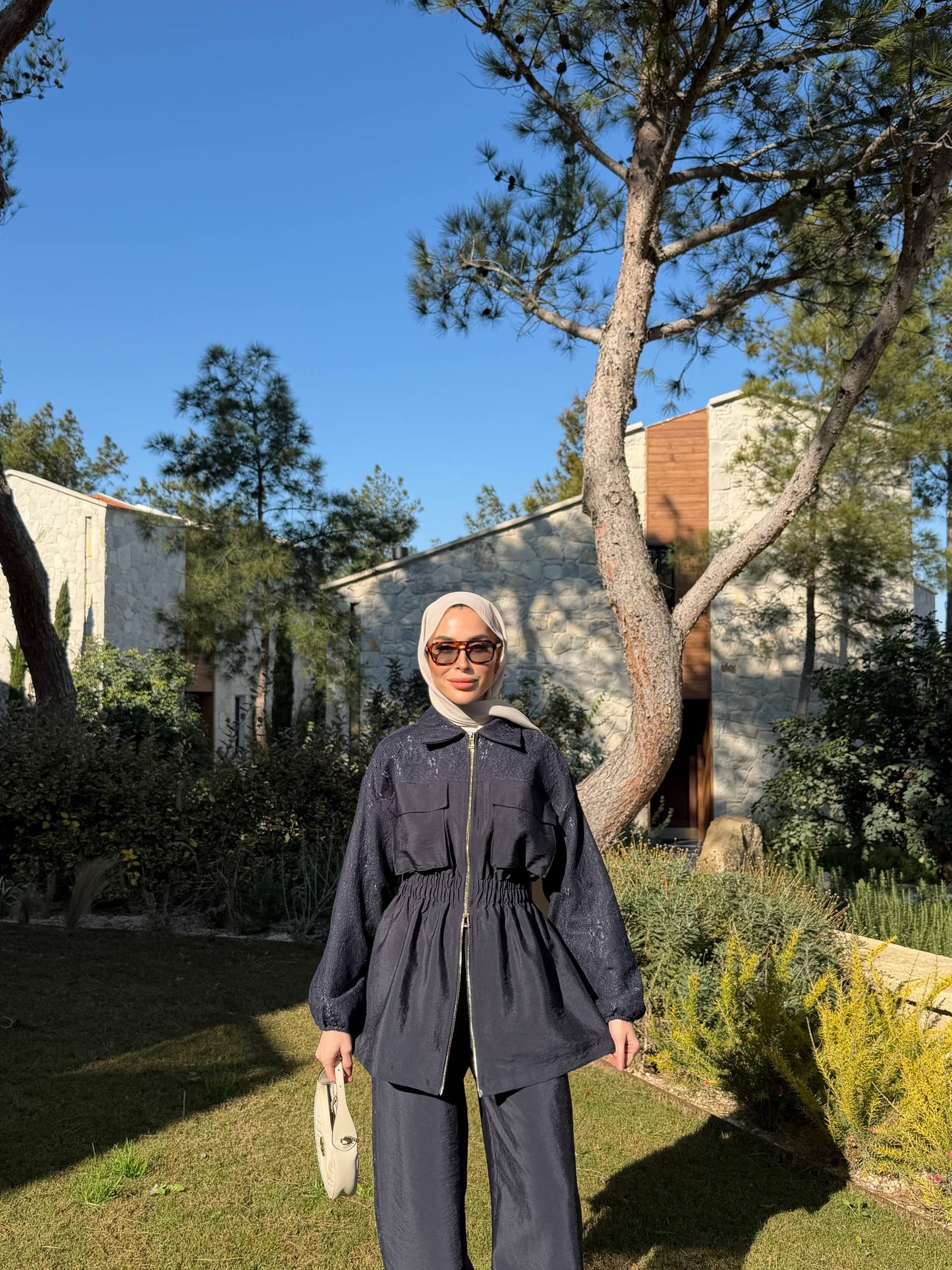 Lace Detail Zip-Up Modest Set Navy