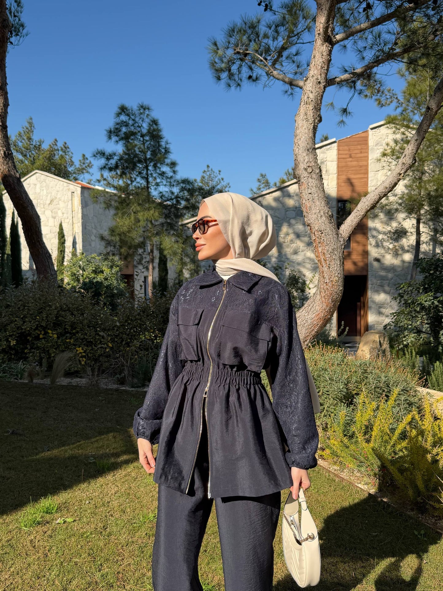 Lace Detail Zip-Up Modest Set Navy