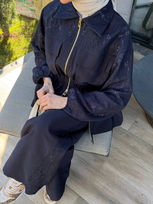 Lace Detail Zip-Up Modest Set Navy
