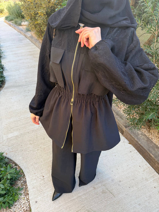 Lace Detail Zip-Up Modest Set Black