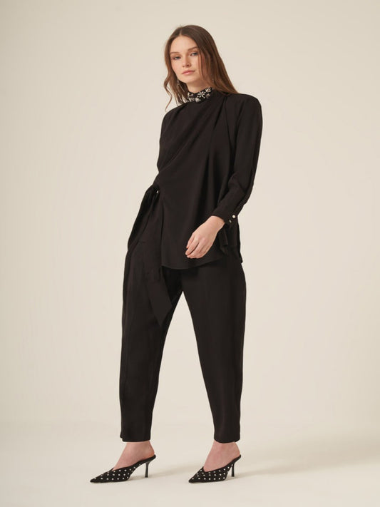 Embellished Neck Draped Overlay Modest Set Black