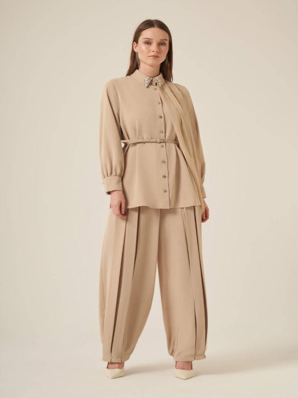 Embellished Collar Chiffon Scarf Detail 3-Piece Set Beige