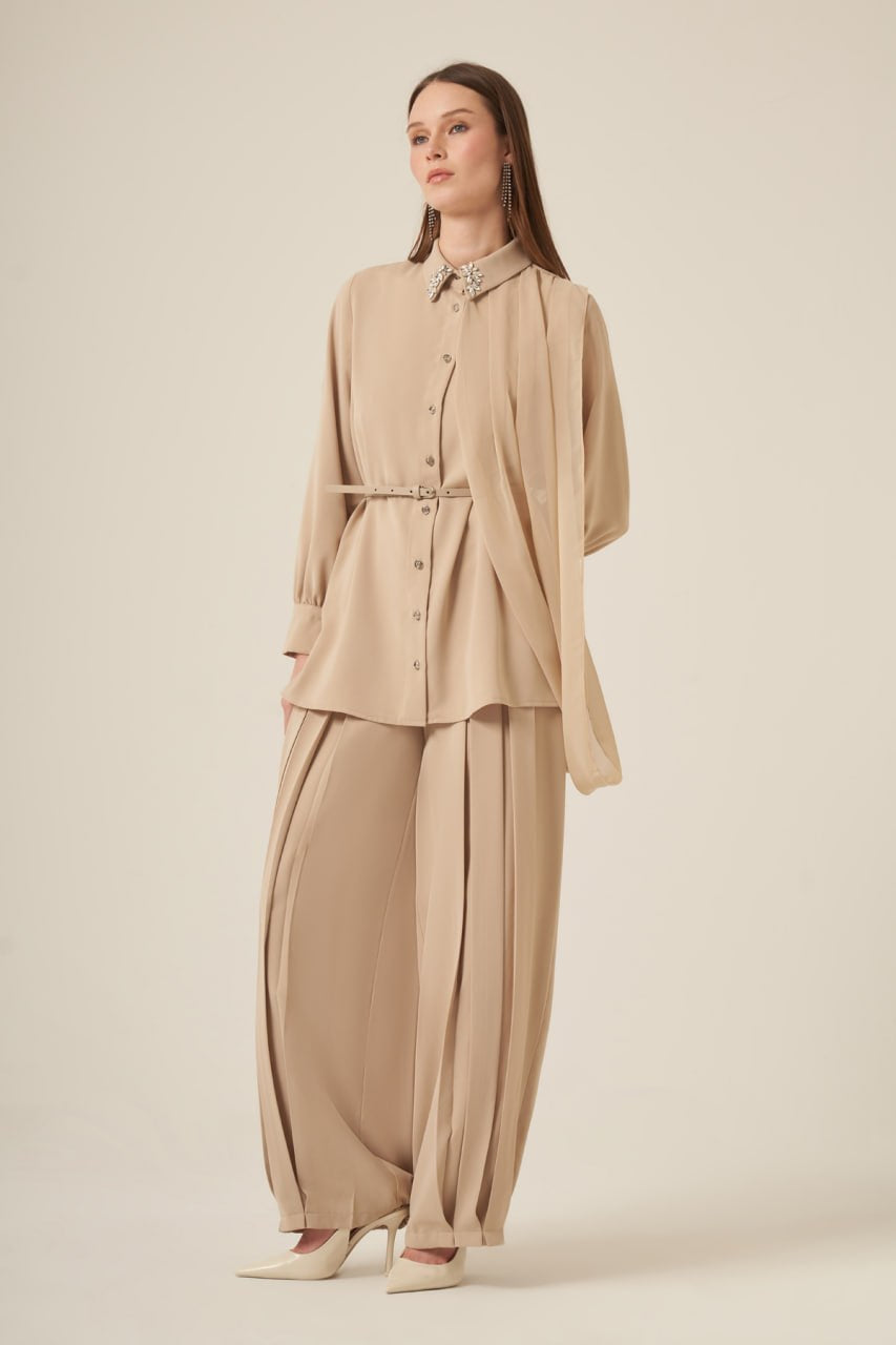 Embellished Collar Chiffon Scarf Detail 3-Piece Set Beige
