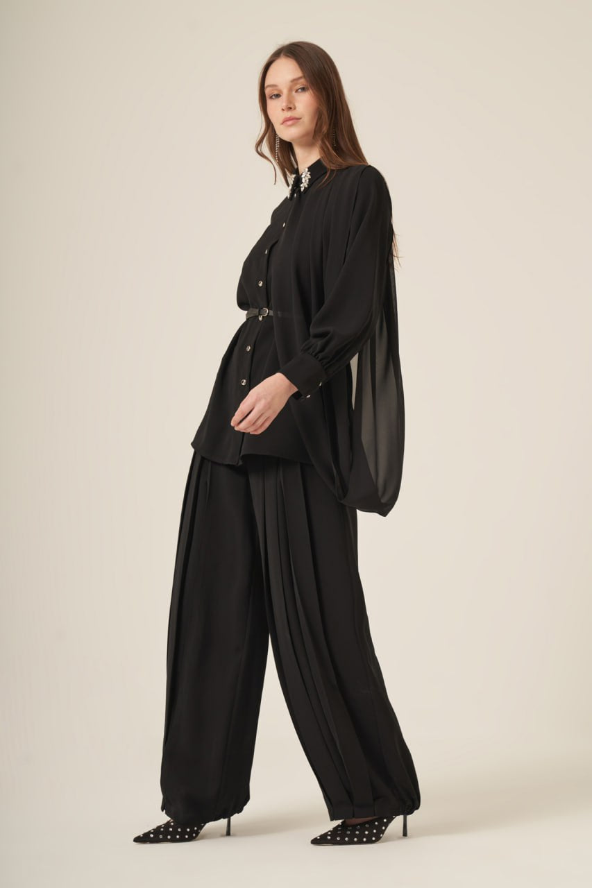 Embellished Collar Chiffon Scarf Detail 3-Piece Set Black