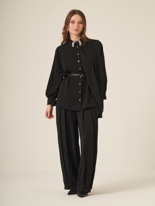 Embellished Collar Chiffon Scarf Detail 3-Piece Set Black