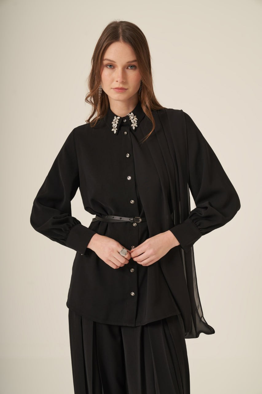 Embellished Collar Chiffon Scarf Detail 3-Piece Set Black