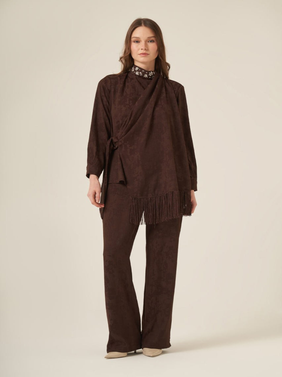 Zaria Embellished Wrap Set Brown