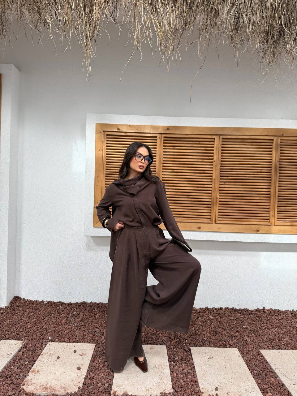 Draped Neck Wide-Leg Tencel Set Brown
