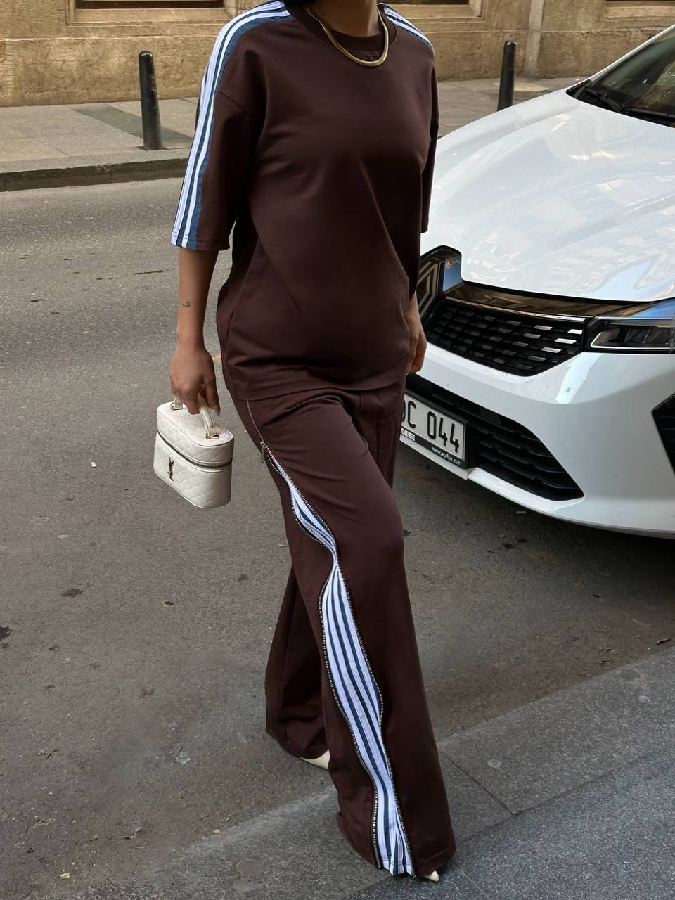 Side Split Stripe Set Brown