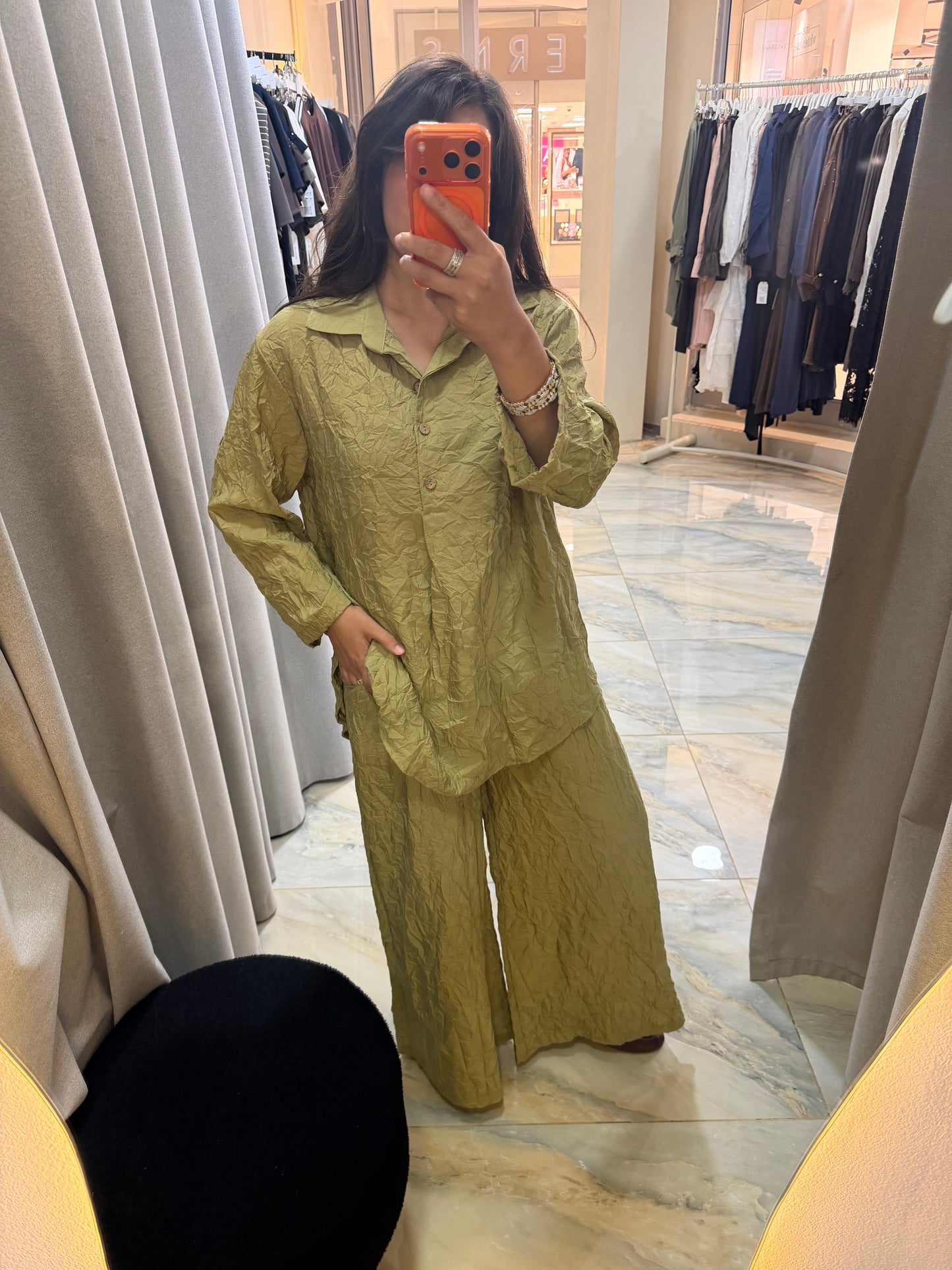 Crinkle Wide-Leg Set Green