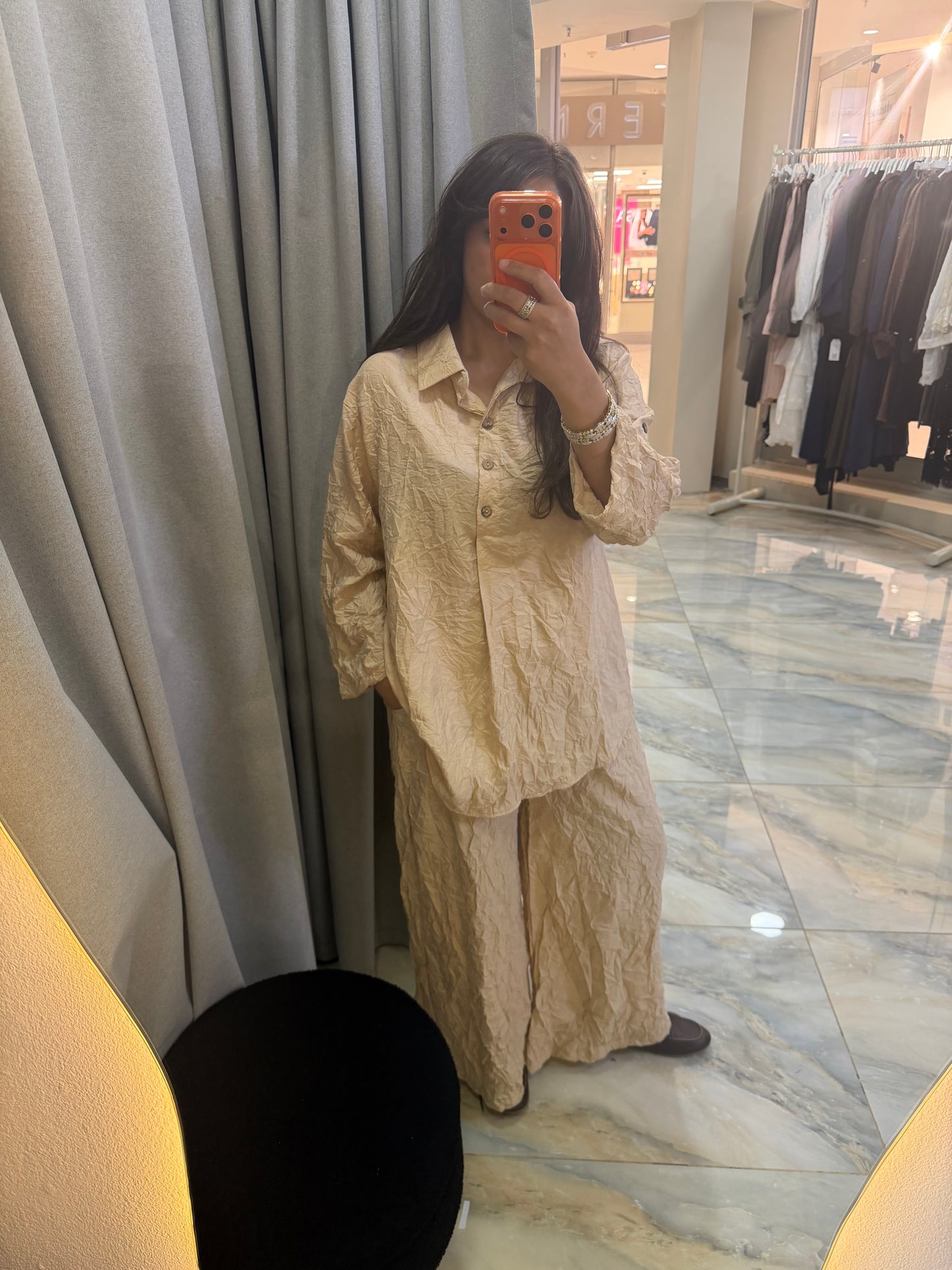 Crinkle Wide-Leg Set Camel