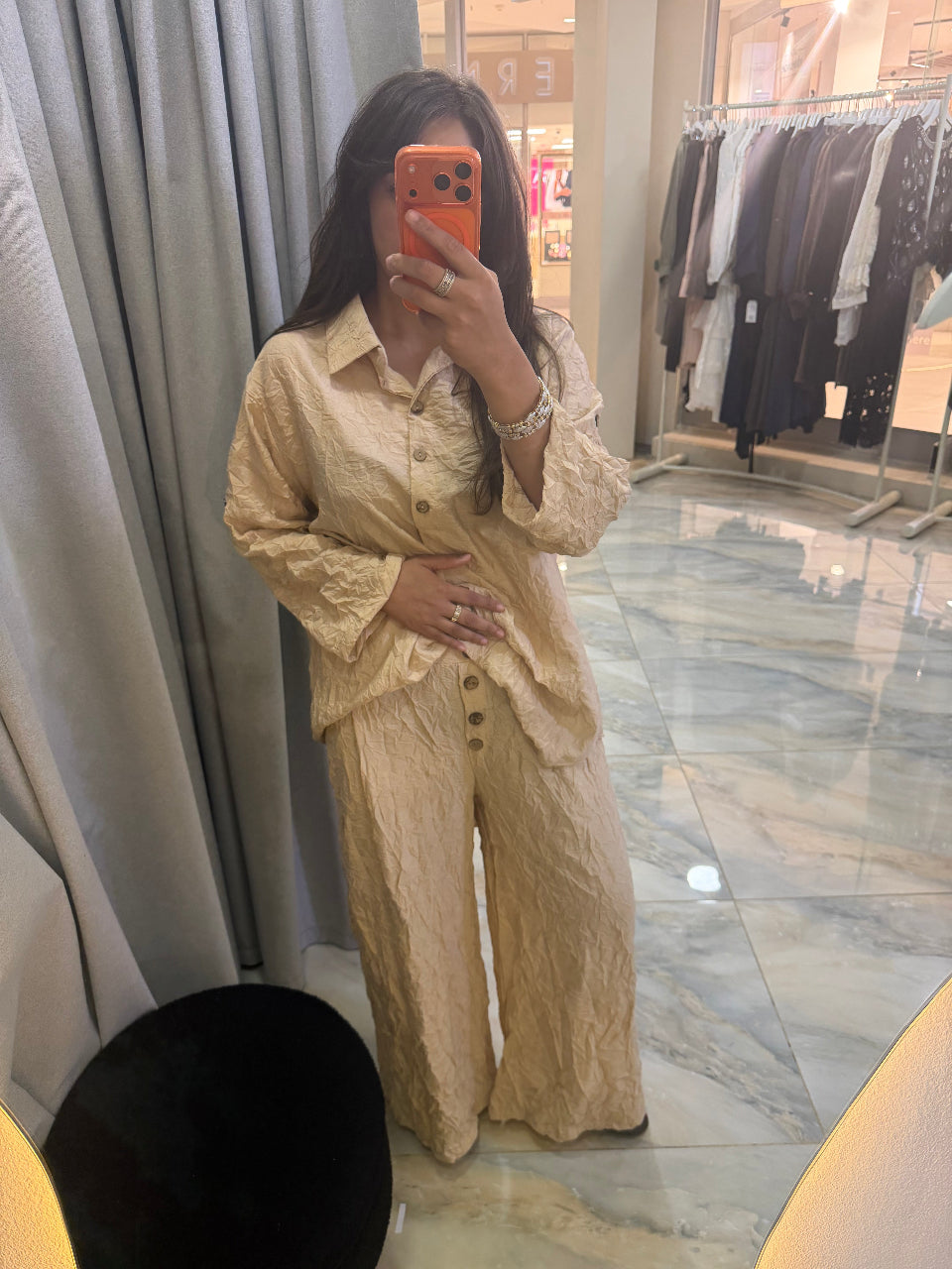 Crinkle Wide-Leg Set Camel