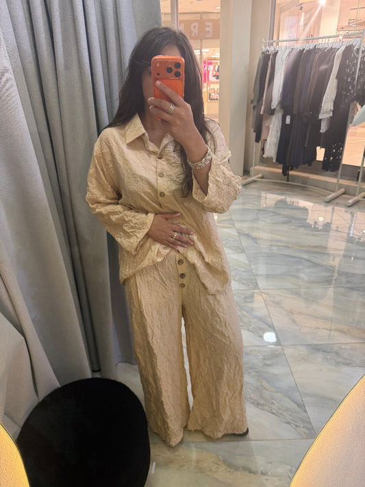 Crinkle Wide-Leg Set Camel