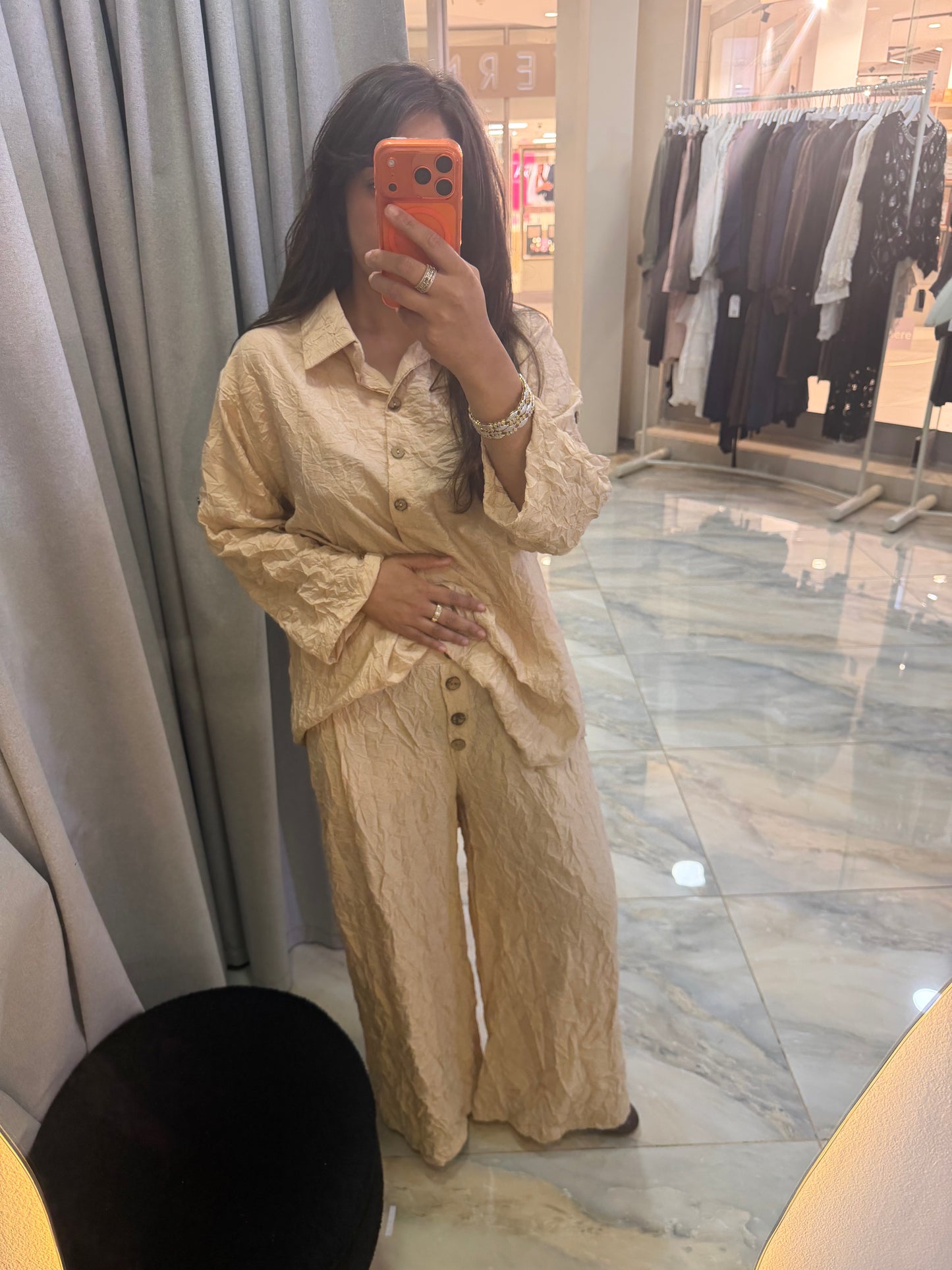 Crinkle Wide-Leg Set Camel