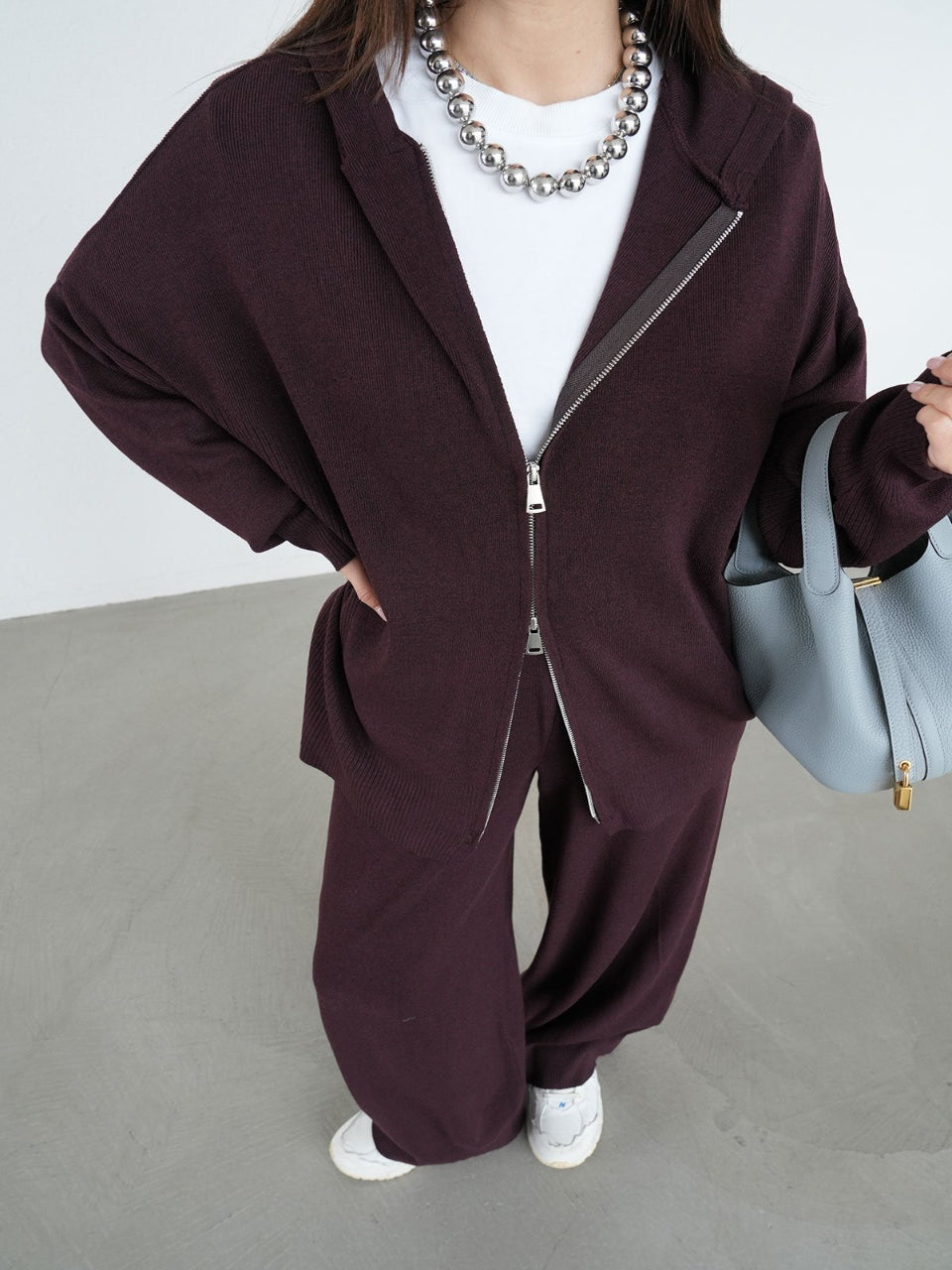 Burgundy Soft Knit Double Zip Co-Ord Set - STD Size