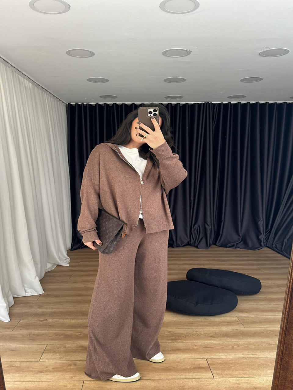 Brown Soft Knit Double Zip Co-Ord Set - STD Size