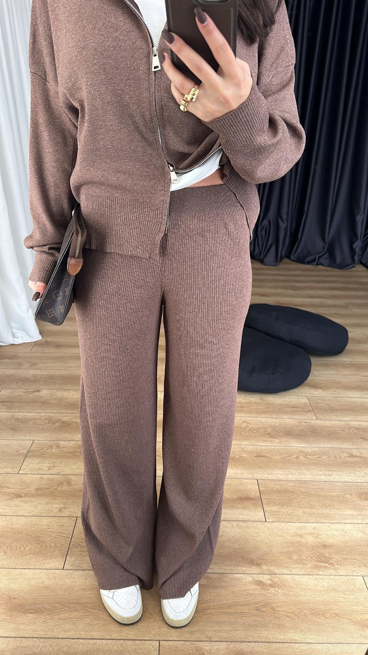 Brown Soft Knit Double Zip Co-Ord Set - STD Size