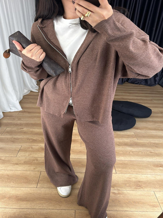 Brown Soft Knit Double Zip Co-Ord Set - STD Size