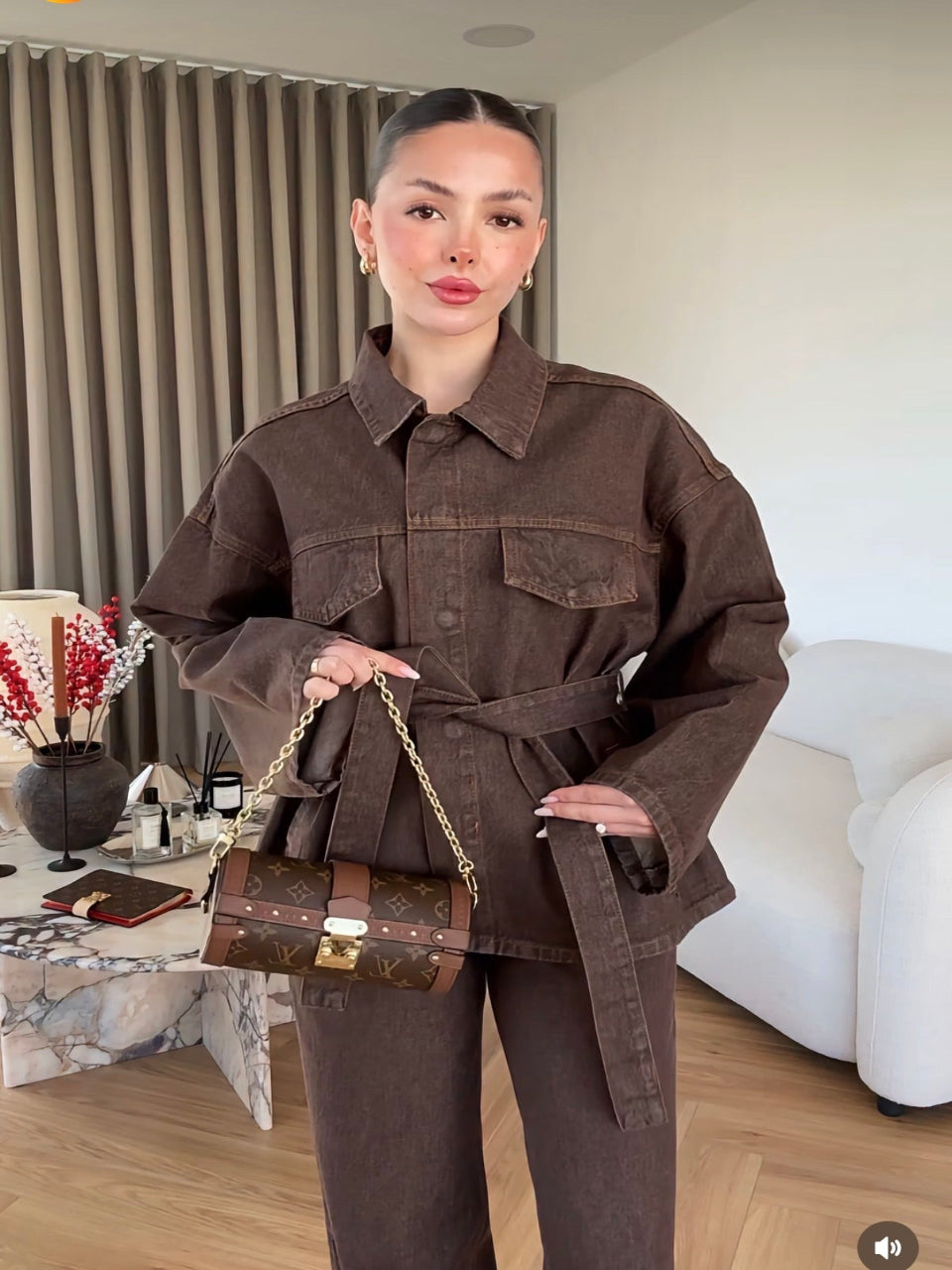Chocolate Brown Belted Denim Co-Ord Set
