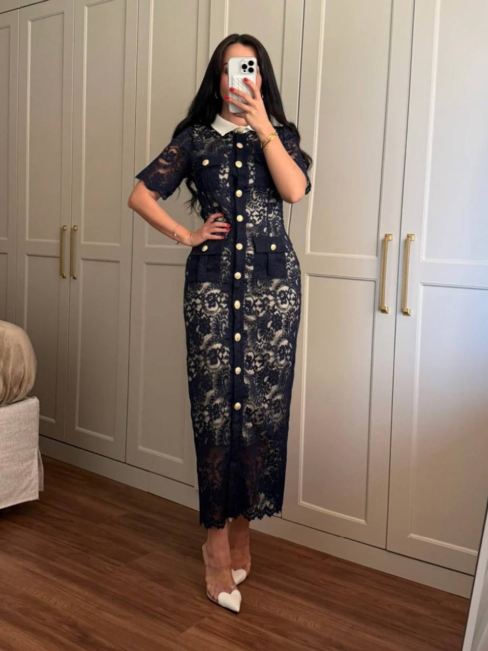 Elegant Lace Button-Front Midi Dress Navy
