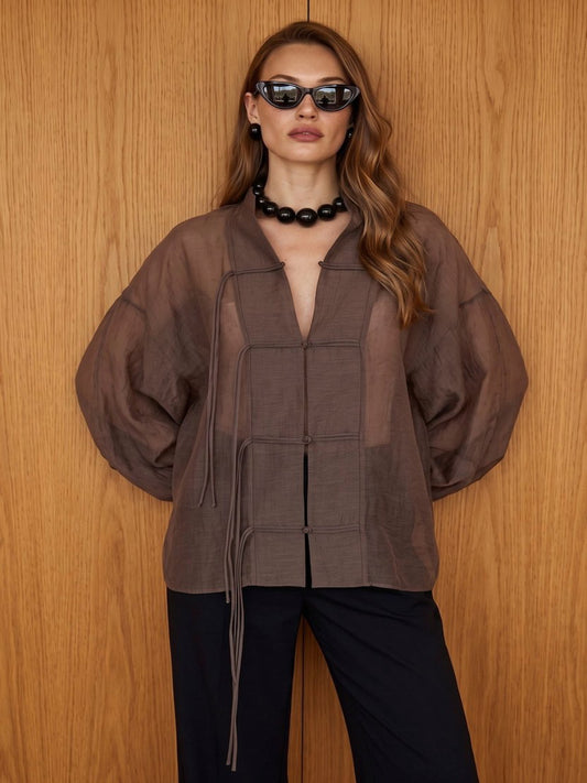 Mandarin Tencel Shirt Taupe - STD Size