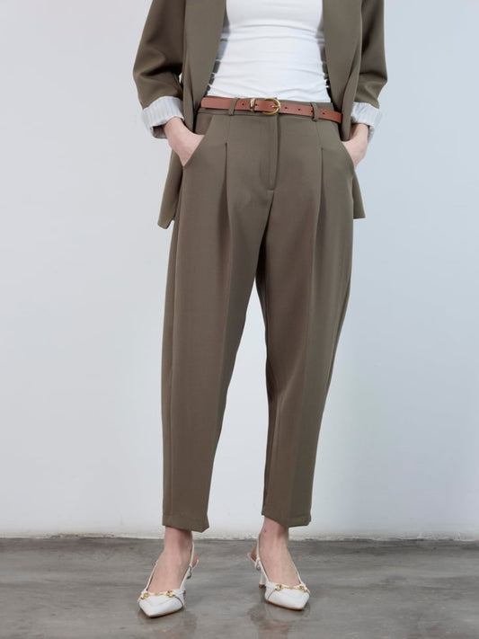 High-Waisted Belted Carrot Pants Khaki