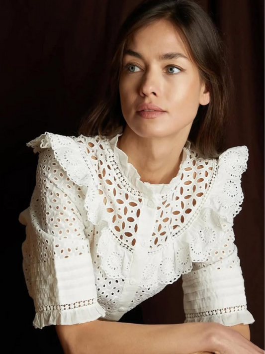 Cotton Cutout Lace Sleeve Shirt