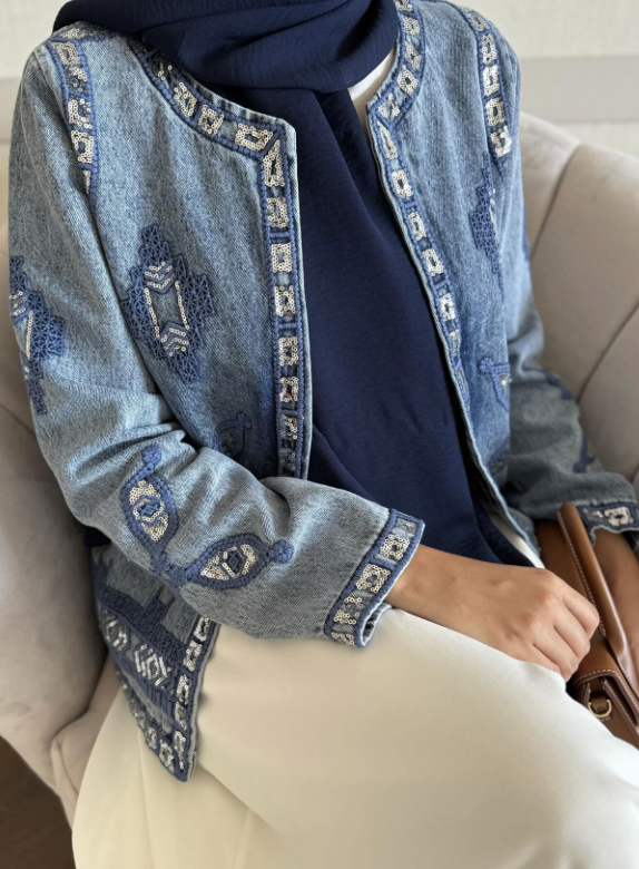 Sequin Aztec Open Denim Jacket