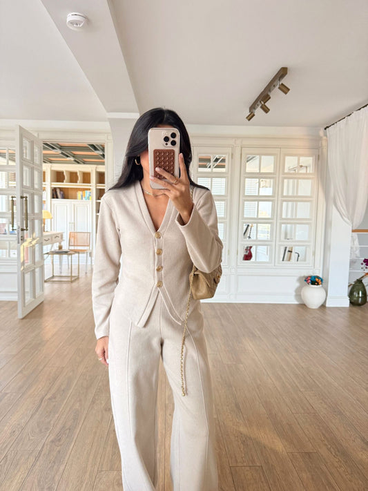 Beige Luxe Button Co-Ord Set