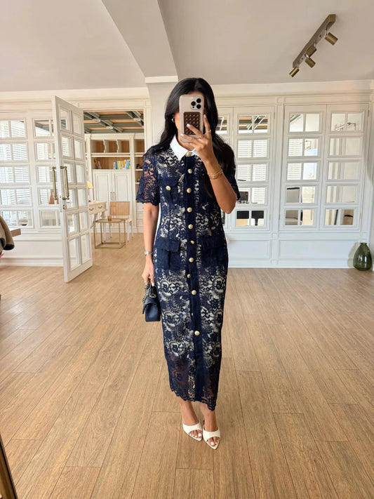 Elegant Lace Button-Front Midi Dress Navy
