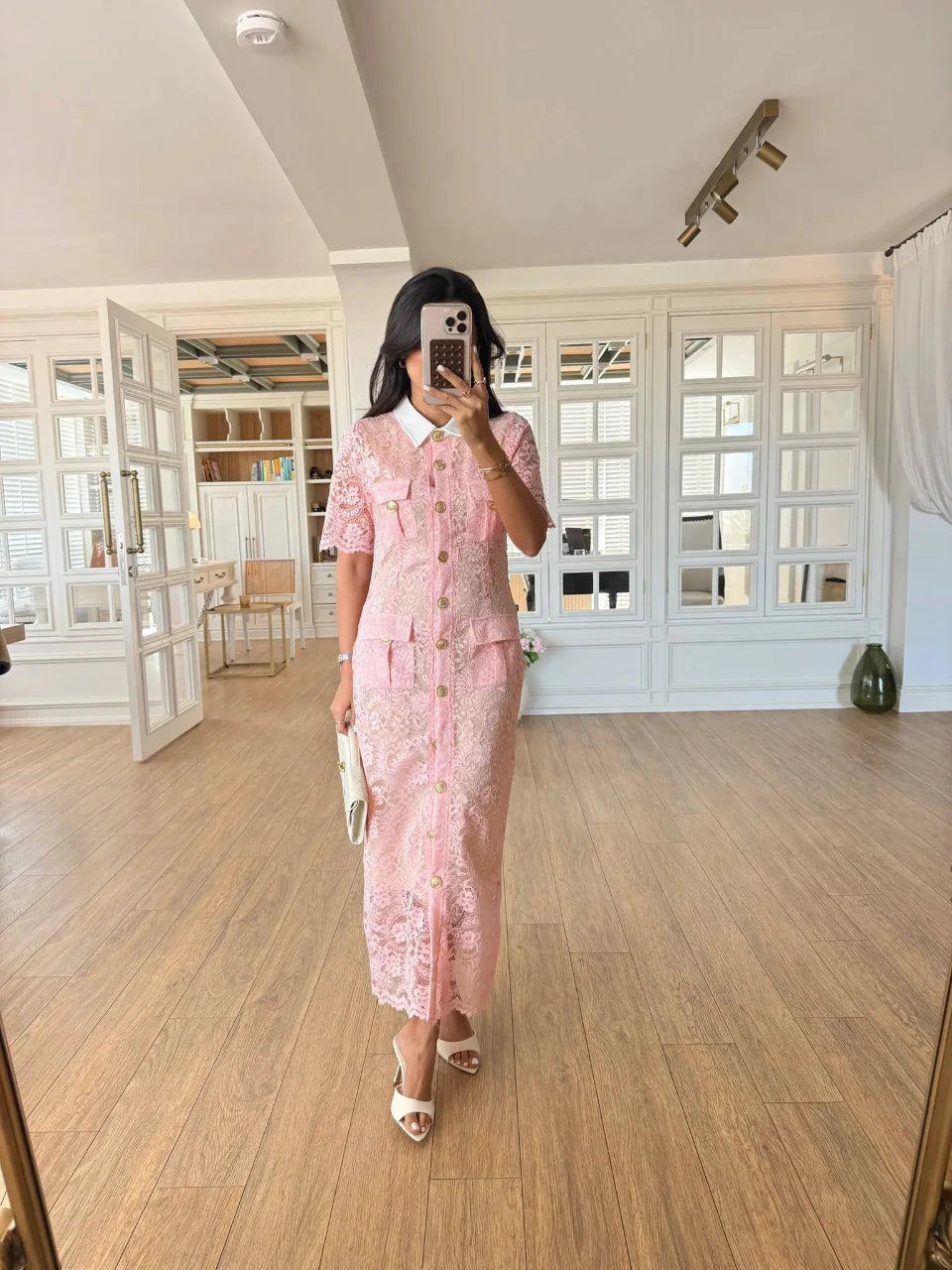 Elegant Lace Button-Front Midi Dress Pink