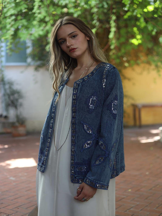Sequin Aztec Open Denim Jacket