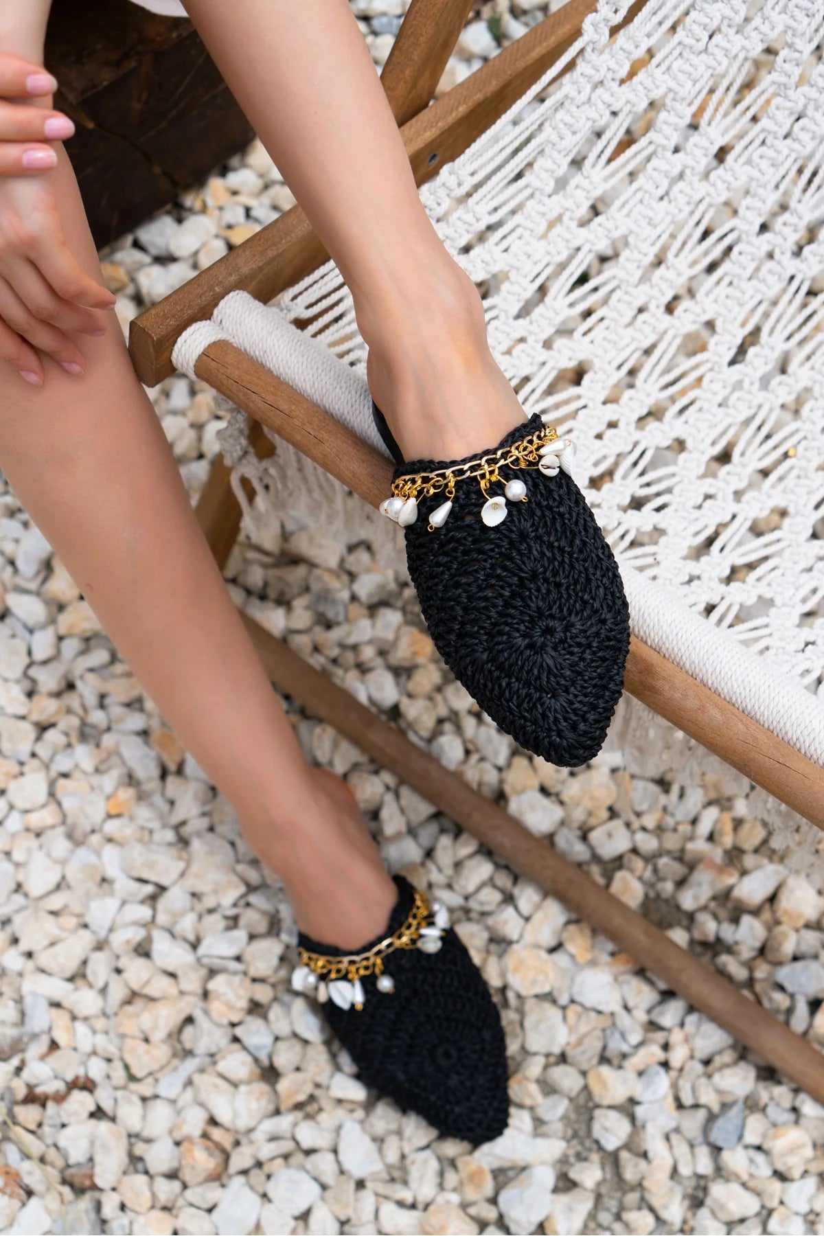 Black Woven Mules with Seashell Detail