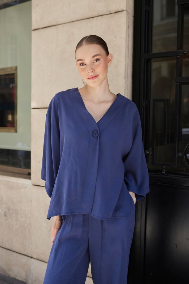 Navy Luxe Tencel Co-Ord — Single-Button Top & Tapered Pants