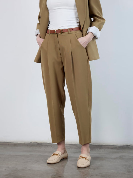 High-Waisted Belted Carrot Pants Olive