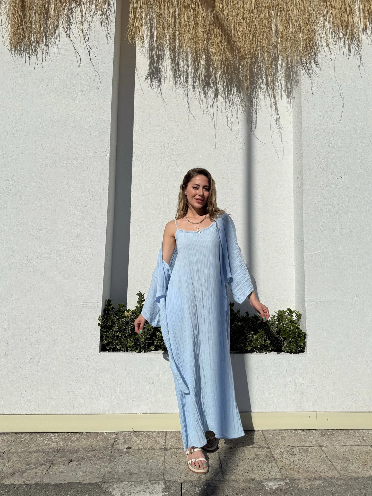 Baby Blue Strap Dress with Detachable Bolero