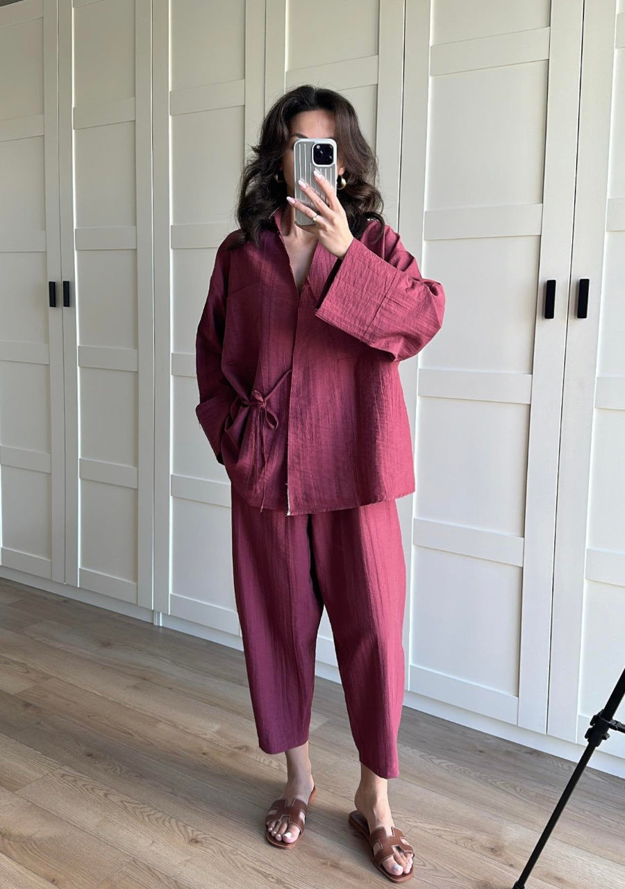 Salvar Style Pants & Kimono Side Tie Set Burgundy