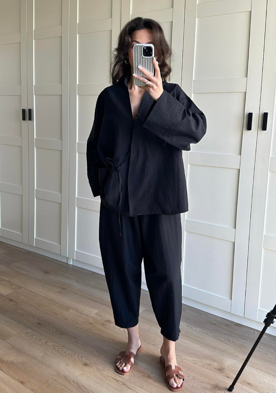 Salvar Style Pants & Kimono Side Tie Set Black