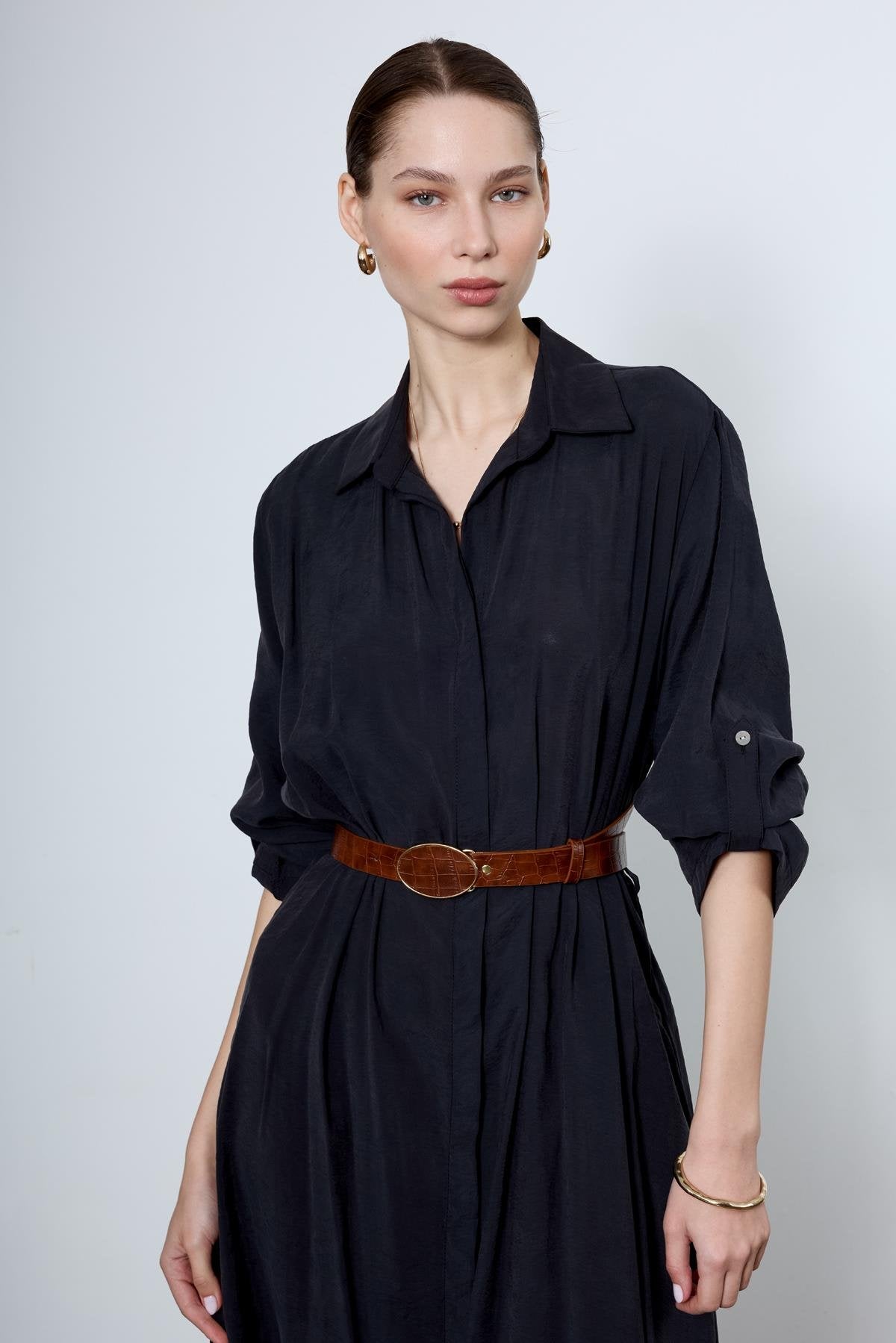 The Tencel Belted Shirt Dress Black - Standard Size