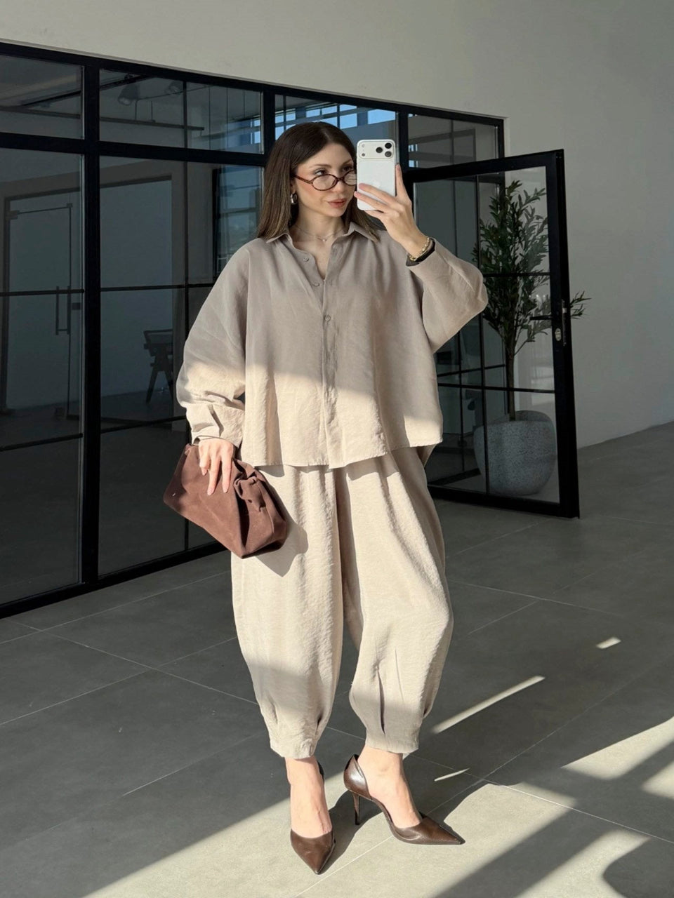 Beige Luxe Tencel Co-Ord — Relaxed Balloon Pants & Button-Down Top