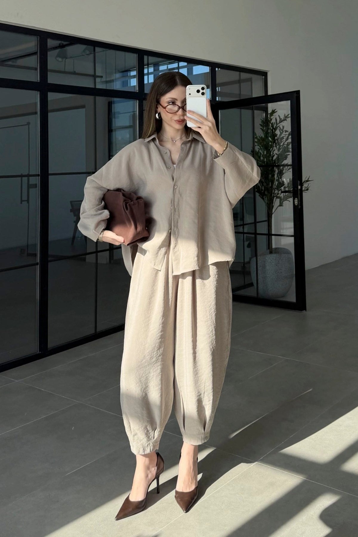 Beige Luxe Tencel Co-Ord — Relaxed Balloon Pants & Button-Down Top