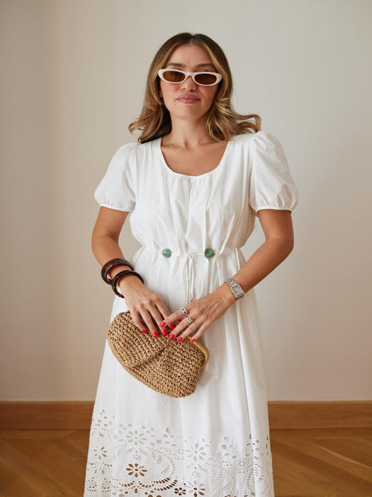 White Stone Belt Detail Dress with Broderie Hem – Lined, Standard Size