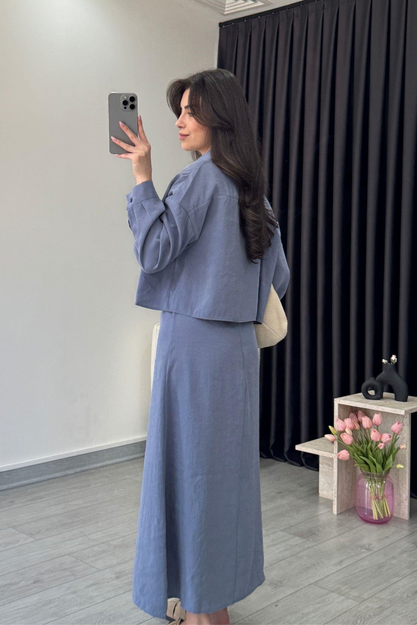 Effortless Elegance Tencel Dress & Oversized Shirt Jacket Set Blue