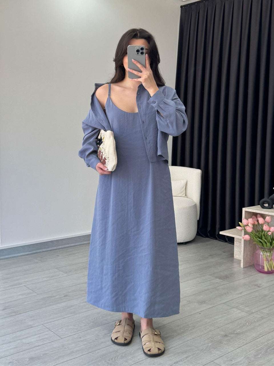 Effortless Elegance Tencel Dress & Oversized Shirt Jacket Set Blue
