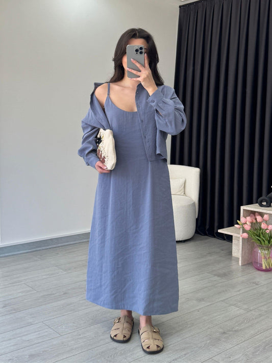 Effortless Elegance Tencel Dress & Oversized Shirt Jacket Set Blue