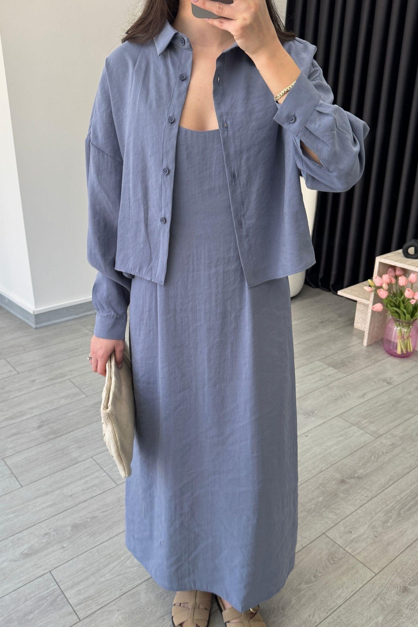 Effortless Elegance Tencel Dress & Oversized Shirt Jacket Set Blue