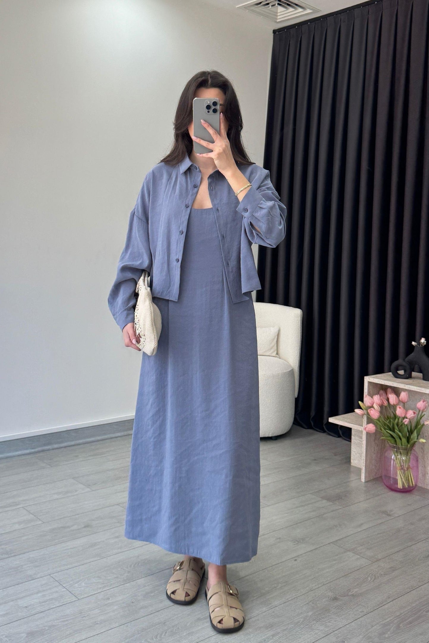 Effortless Elegance Tencel Dress & Oversized Shirt Jacket Set Blue