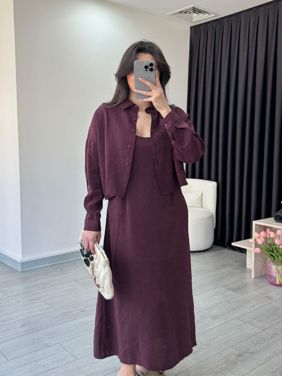 Effortless Elegance Tencel Dress & Oversized Shirt Jacket Set Burgundy